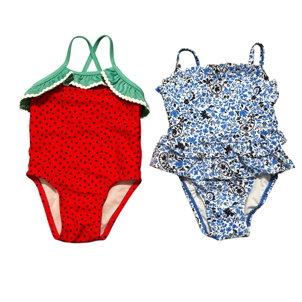 Baby Girls Swimsuits 12M One Piece Set‎ of 2 Lot Strawberry Floral Ruffle